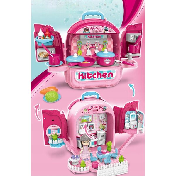 3-in-1-Puppenhaus-Set mit tragbarer Küche im Rucksack für Kinder