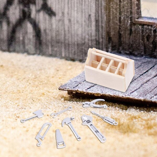 1:12 Puppenhaus-Miniatur-Werkzeugkasten mit 8 Holzwerkzeugen