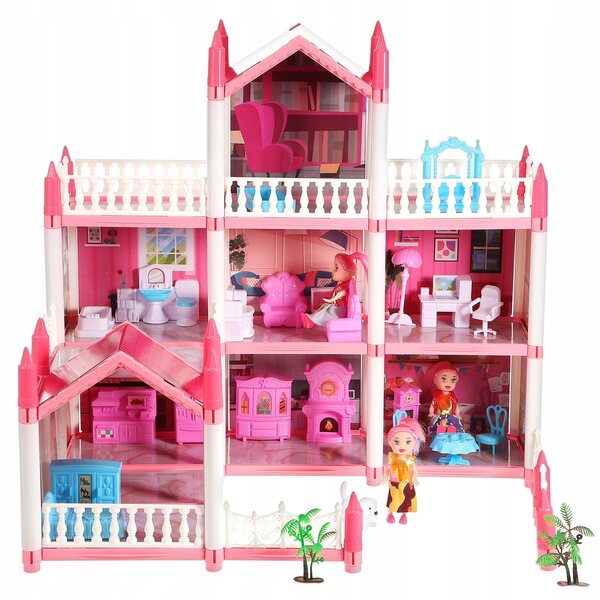 Casa per bambole XXL 60 cm 3 piani con mobili, accessori, bambole e animali