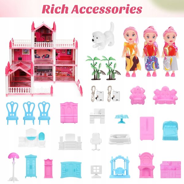 Casa per bambole XXL 60 cm 3 piani con mobili, accessori, bambole e animali