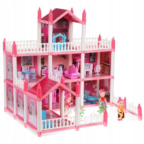 Casa per bambole XXL 60 cm 3 piani con mobili, accessori, bambole e animali