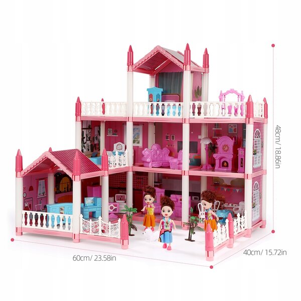 Casa per bambole XXL 60 cm 3 piani con mobili, accessori, bambole e animali
