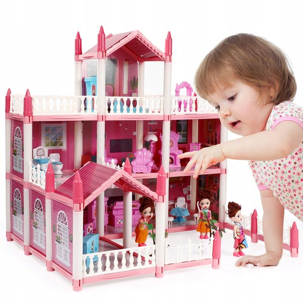 Casa per bambole XXL 60 cm 3 piani con mobili, accessori, bambole e animali
