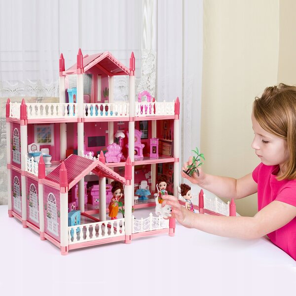 Casa per bambole XXL 60 cm 3 piani con mobili, accessori, bambole e animali