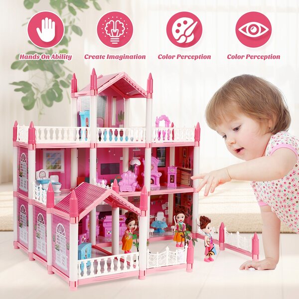 Casa per bambole XXL 60 cm 3 piani con mobili, accessori, bambole e animali