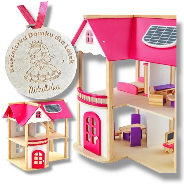 Casa delle bambole rosa in legno a 2 livelli con mobili e medaglia personalizzata
