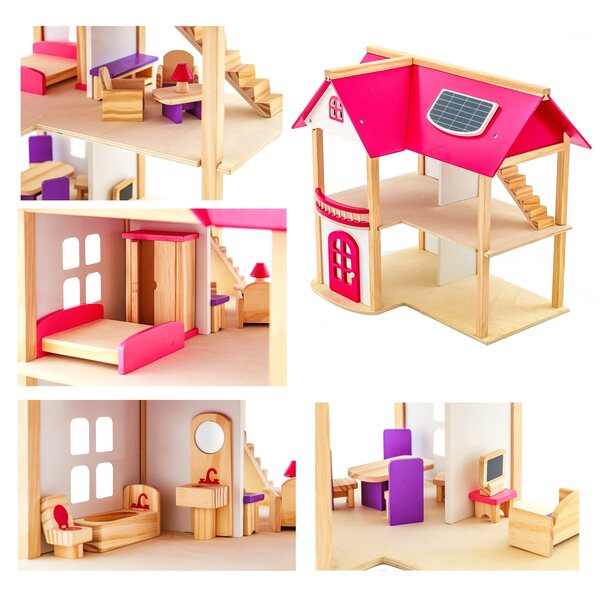 Casa delle bambole rosa in legno a 2 livelli con mobili e medaglia personalizzata
