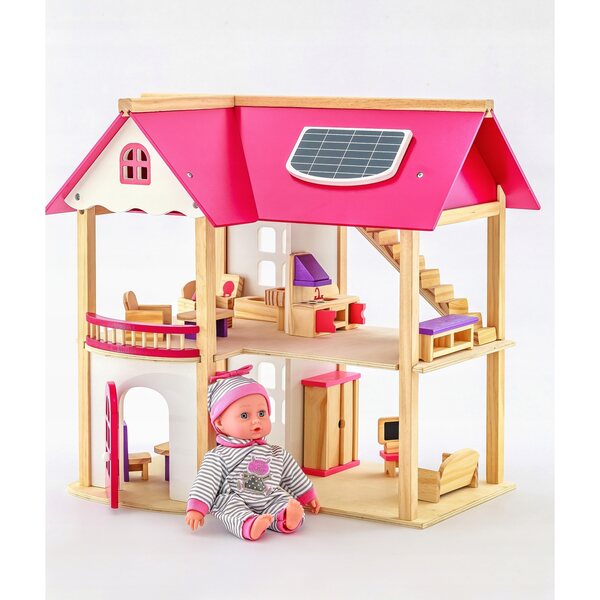 Casa delle bambole rosa in legno a 2 livelli con mobili e medaglia personalizzata