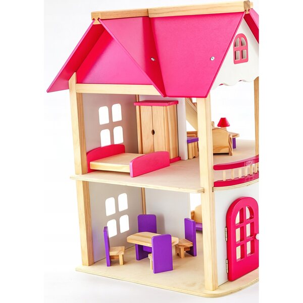 Casa delle bambole rosa in legno a 2 livelli con mobili e medaglia personalizzata