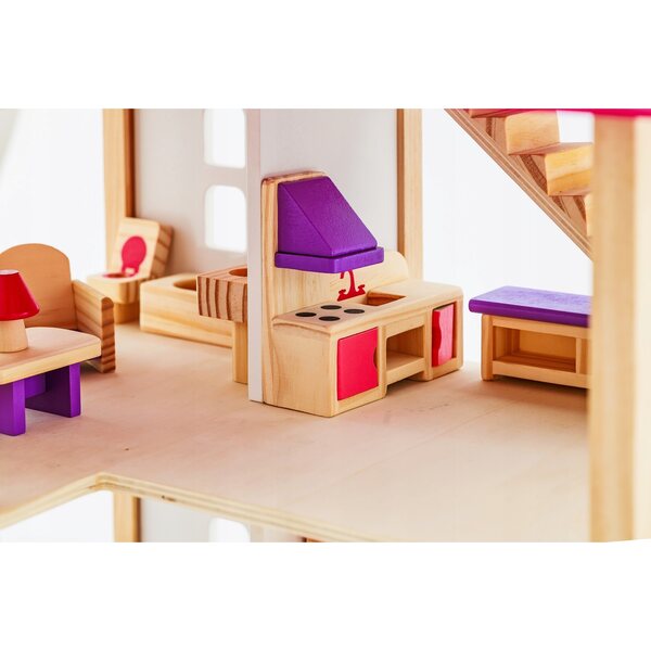 Casa delle bambole rosa in legno a 2 livelli con mobili e medaglia personalizzata