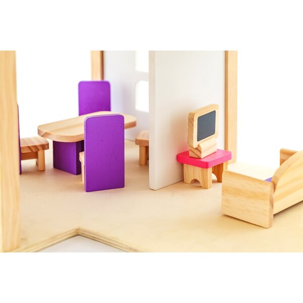 Casa delle bambole rosa in legno a 2 livelli con mobili e medaglia personalizzata