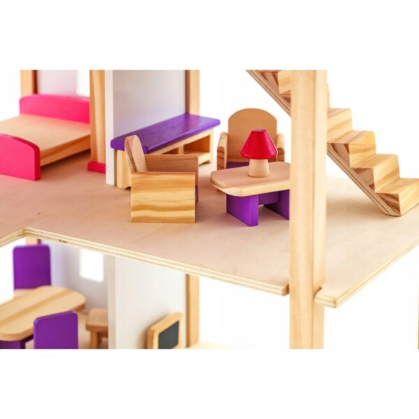 Casa delle bambole rosa in legno a 2 livelli con mobili e medaglia personalizzata