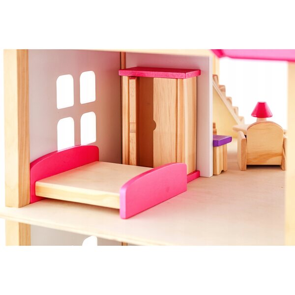 Casa delle bambole rosa in legno a 2 livelli con mobili e medaglia personalizzata