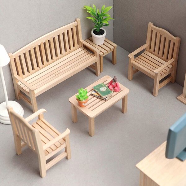Set 4 Mini Mobili in Legno per Casa delle Bambole Scala 1:12 – Panca e Tavolo
