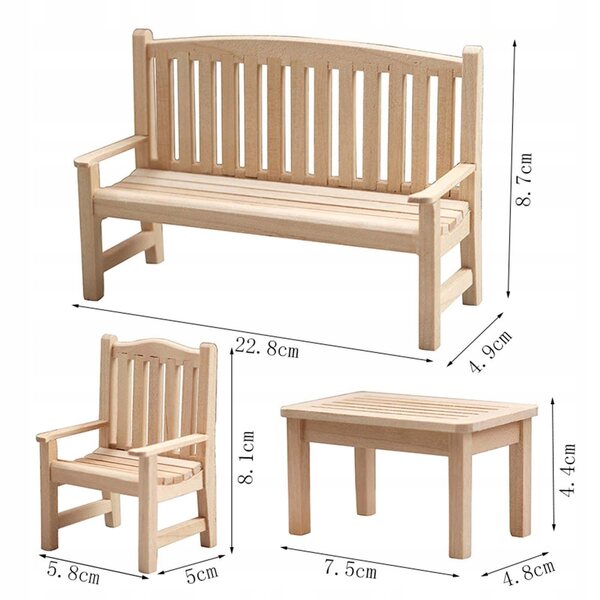 Set 4 Mini Mobili in Legno per Casa delle Bambole Scala 1:12 – Panca e Tavolo