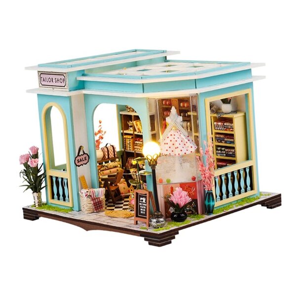 Miniatura negozio sartoriale in legno con LED, kit da assembleggio creativo