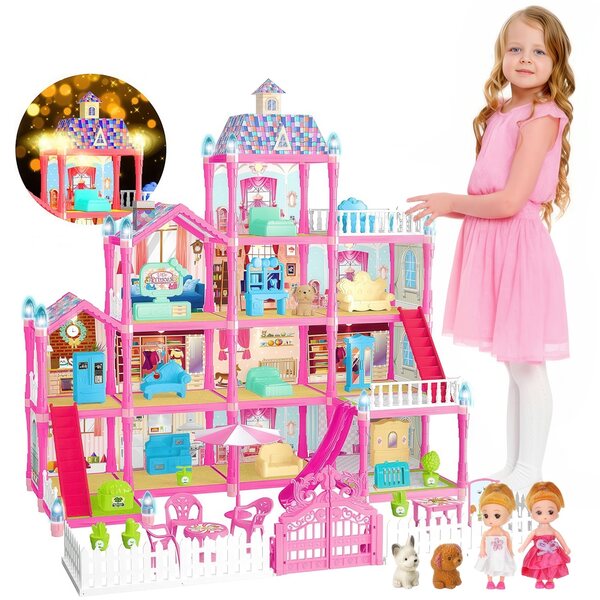 Grande Casa delle Bambole XXL con Mobili, Luci LED e 275 Accessori in Plastica