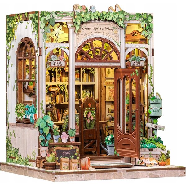 Book Nook DIY: Domku LED-Miniatur mit grünen Pflanzen und Holzdetails