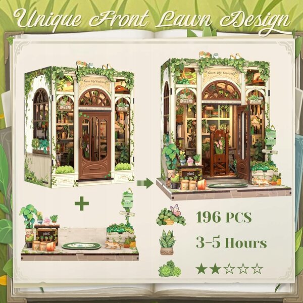 Book Nook DIY: Domku LED-Miniatur mit grünen Pflanzen und Holzdetails