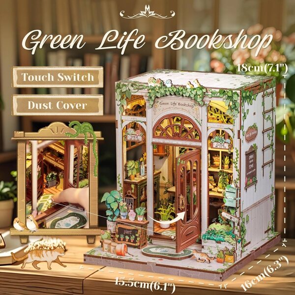 Book Nook DIY: Domku LED-Miniatur mit grünen Pflanzen und Holzdetails