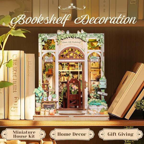 Book Nook DIY: Domku LED-Miniatur mit grünen Pflanzen und Holzdetails