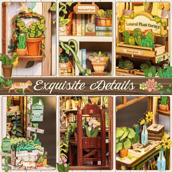Book Nook DIY: Domku LED-Miniatur mit grünen Pflanzen und Holzdetails