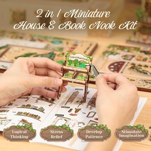 Book Nook DIY: Domku LED-Miniatur mit grünen Pflanzen und Holzdetails