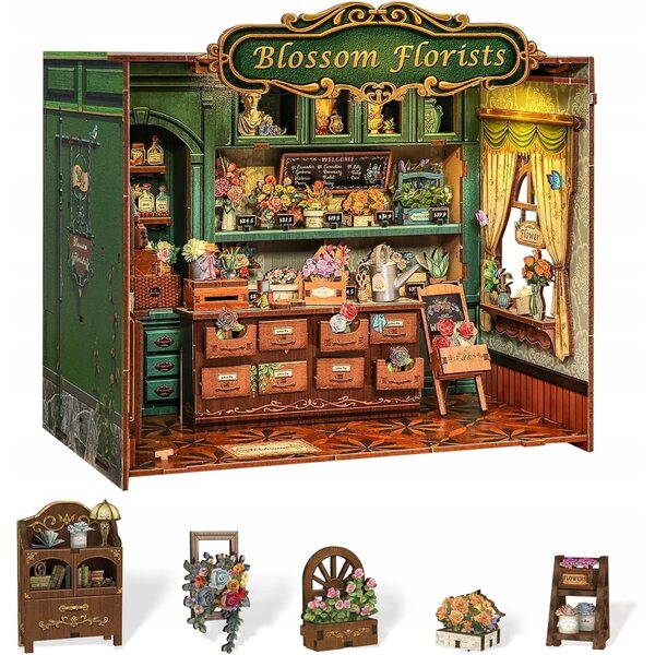 Book Nook DIY: Domku LED-Miniatur mit grünen Pflanzen und Holzdetails