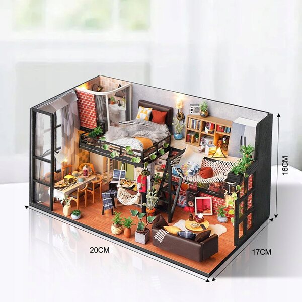 Miniatuur doe-het-zelf poppenhuis met LED en bescherming - Houten constructieset