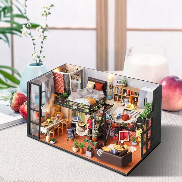Miniatuur doe-het-zelf poppenhuis met LED en bescherming - Houten constructieset