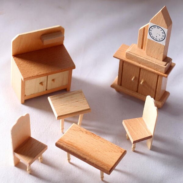 Holzmöbel-Set für Puppenhaus 1:12 Miniaturküche und Schlafzimmer