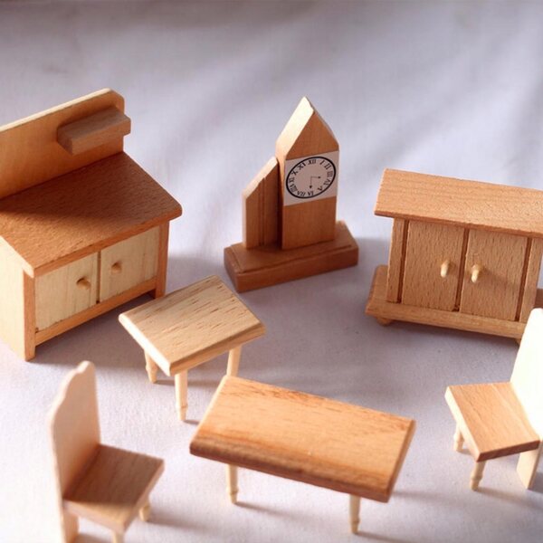 Holzmöbel-Set für Puppenhaus 1:12 Miniaturküche und Schlafzimmer