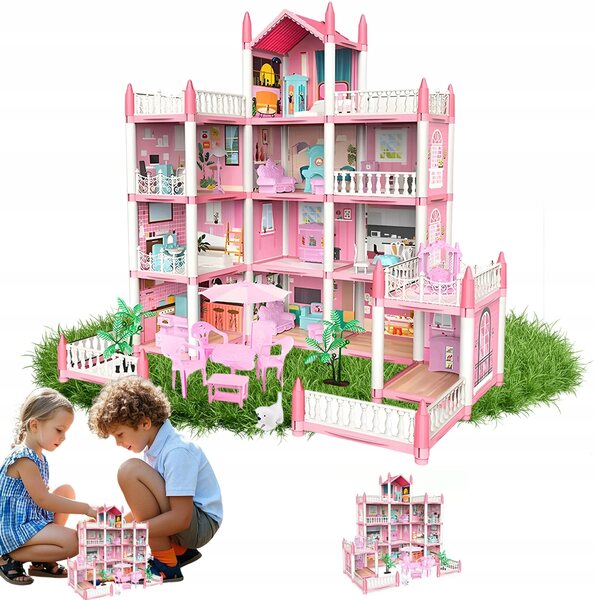 Casa per Bambole Rosa 4 Piani con 4 Bambole e Arredi - Gioco Creativo DIY