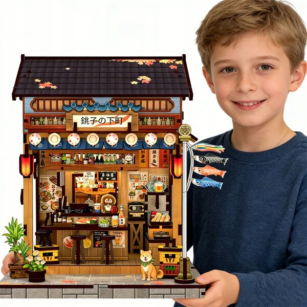 Japanische Ladenminiatur mit LED-Lampe - 3D-Modell aus Holz 16x14x19 cm
