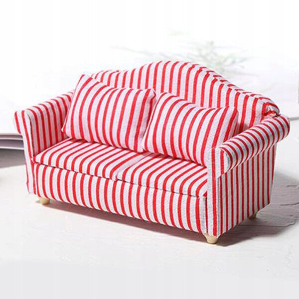 Sofa e Fotel Miniatura 1/12 per Casa delle Bambole con Cuscino Rosso