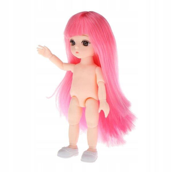 16 cm große Gelenkpuppe mit 13 Gelenken, rosa Haaren und Pony, nackter Vinylkörper