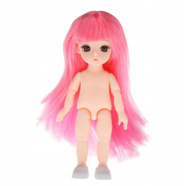 16 cm große Gelenkpuppe mit 13 Gelenken, rosa Haaren und Pony, nackter Vinylkörper