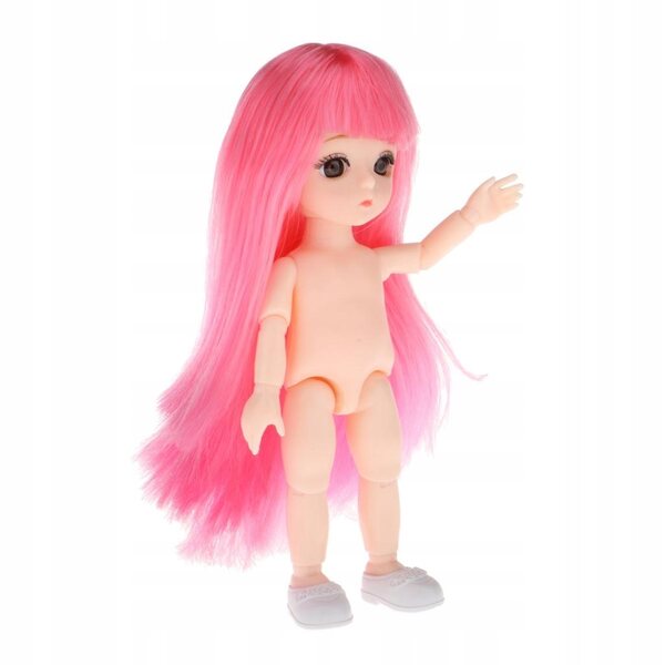 16 cm große Gelenkpuppe mit 13 Gelenken, rosa Haaren und Pony, nackter Vinylkörper