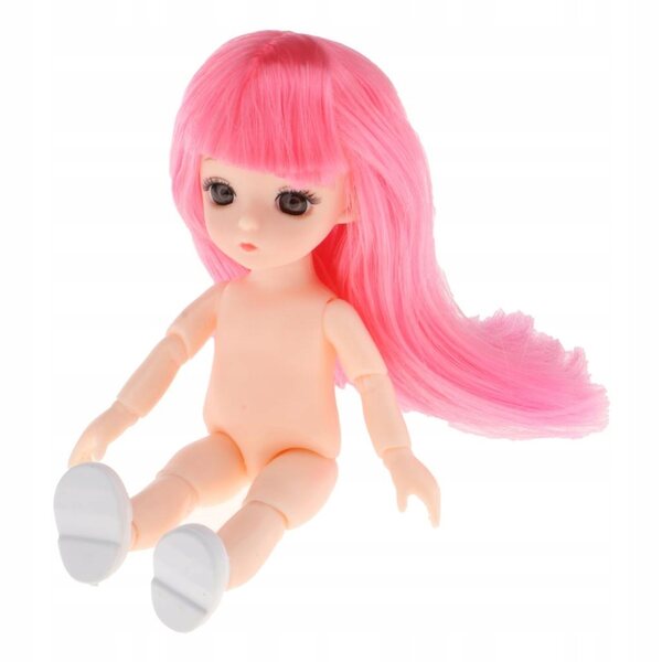 16 cm große Gelenkpuppe mit 13 Gelenken, rosa Haaren und Pony, nackter Vinylkörper