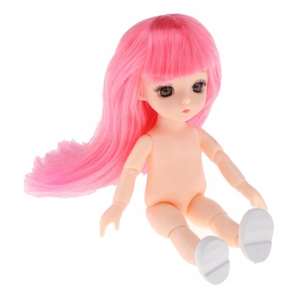 16 cm große Gelenkpuppe mit 13 Gelenken, rosa Haaren und Pony, nackter Vinylkörper