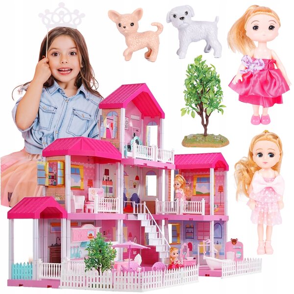 Casa delle bambole MalPlay 40 cm con mobili, 2 bambole e cani, divertimento creativo 3+