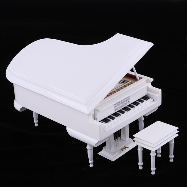 Miniatura Fortepian Bianco in Scala 1:12 con Modello Sedia in Legno e Plastica