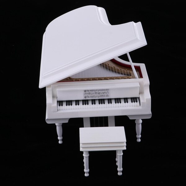 Miniatura Fortepian Bianco in Scala 1:12 con Modello Sedia in Legno e Plastica
