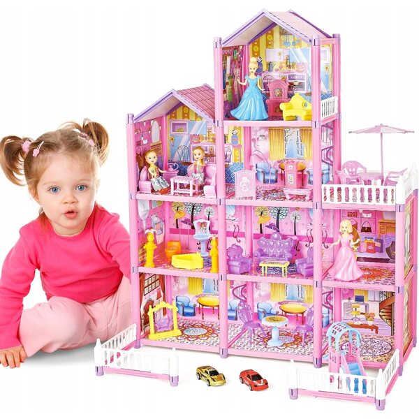 Grande casa delle bambole con 4 piani, arredi e bamboline per bambine