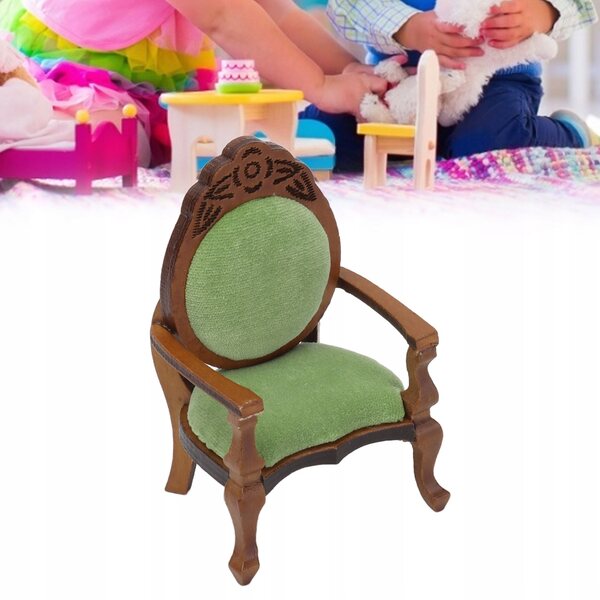 Divano-poltrona in miniatura in legno con tessuto per casa delle bambole 1:12