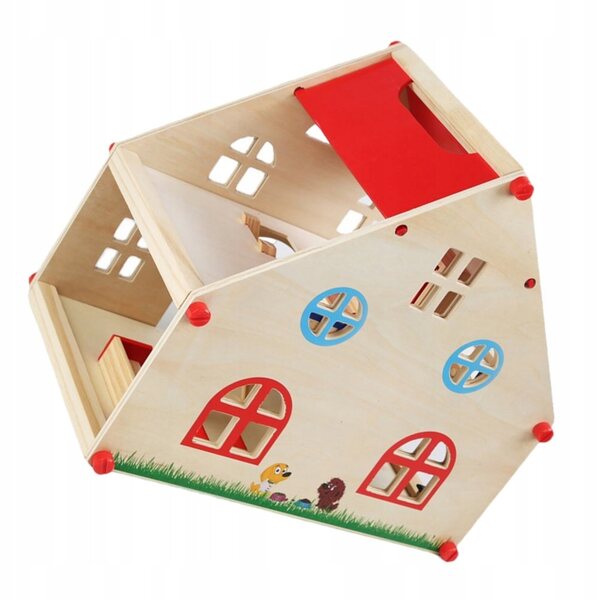 Casa in legno rossa da montare e giocare in modo creativo
