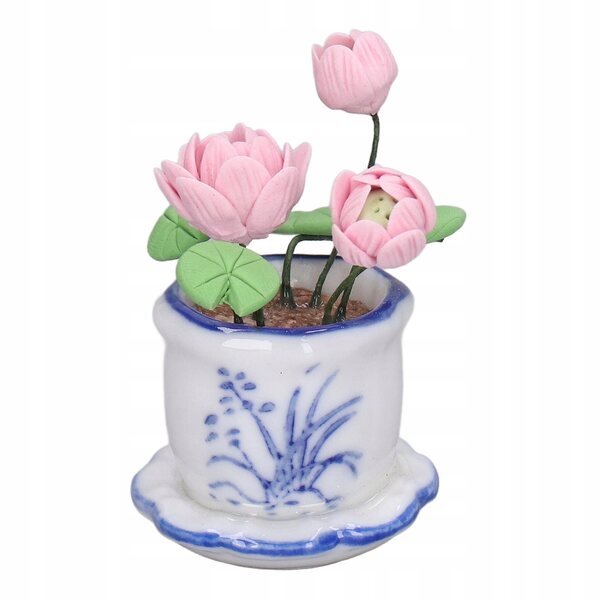 Miniatura fiore di loto con vaso per case delle bambole 1:12 decorazione artigianale