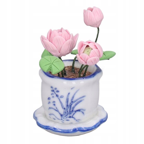 Miniatura fiore di loto con vaso per case delle bambole 1:12 decorazione artigianale