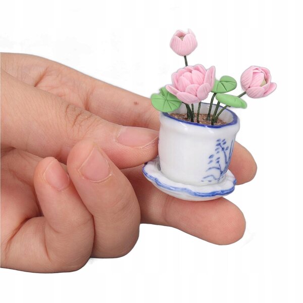 Miniatura fiore di loto con vaso per case delle bambole 1:12 decorazione artigianale