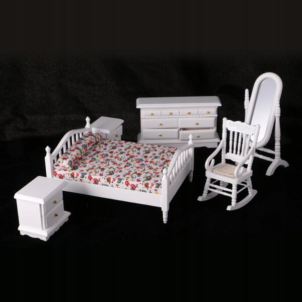 1:12 Europäisches Retro-Schlafzimmer-Puppenhaus-Möbelset aus Holz